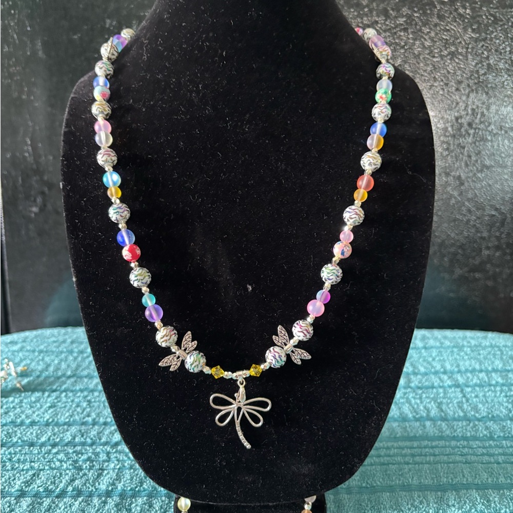 Colorful Beaded Necklace with Dragonfly Pendant
